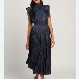Lulu's Navy Ruffled Smocked Midi Dress